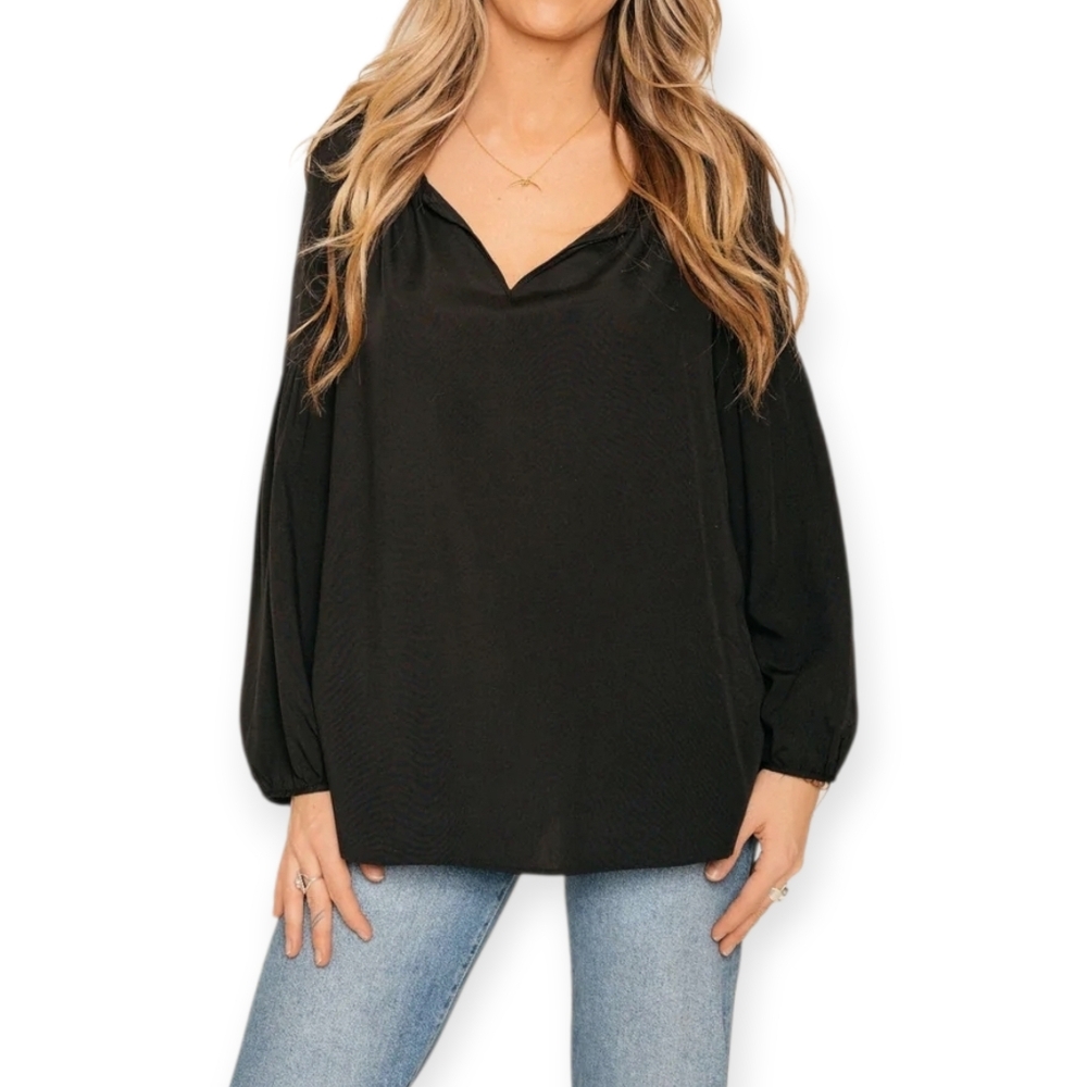 Jackson Rowe Boho Chic Flowy Black V-Neck Blouse Size Large